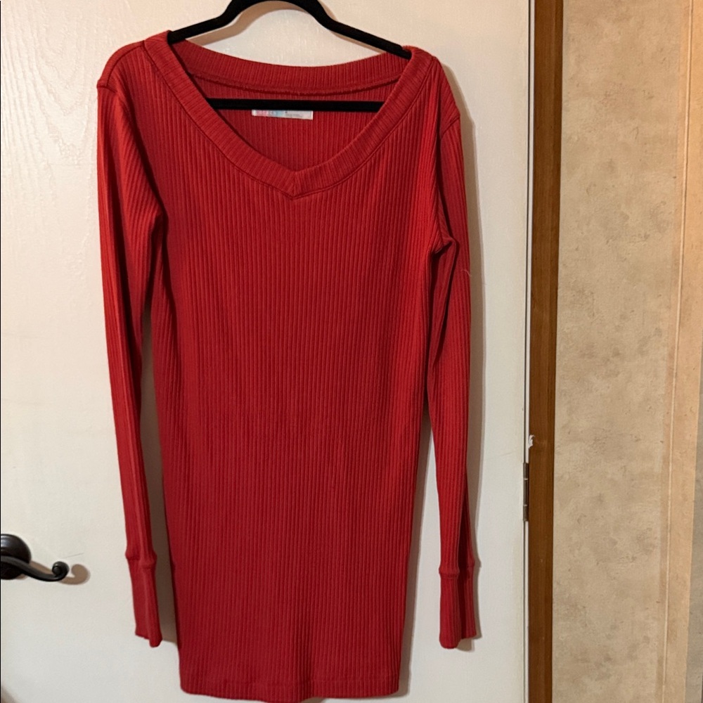Red V-Neck Ribbed Long Sleeve Dress